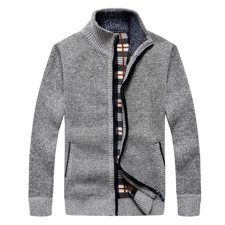 Men's Quilted Knit Zip Jacket with Stand-Up Collar and Checkered Fleece Inner Side Mune Fashion