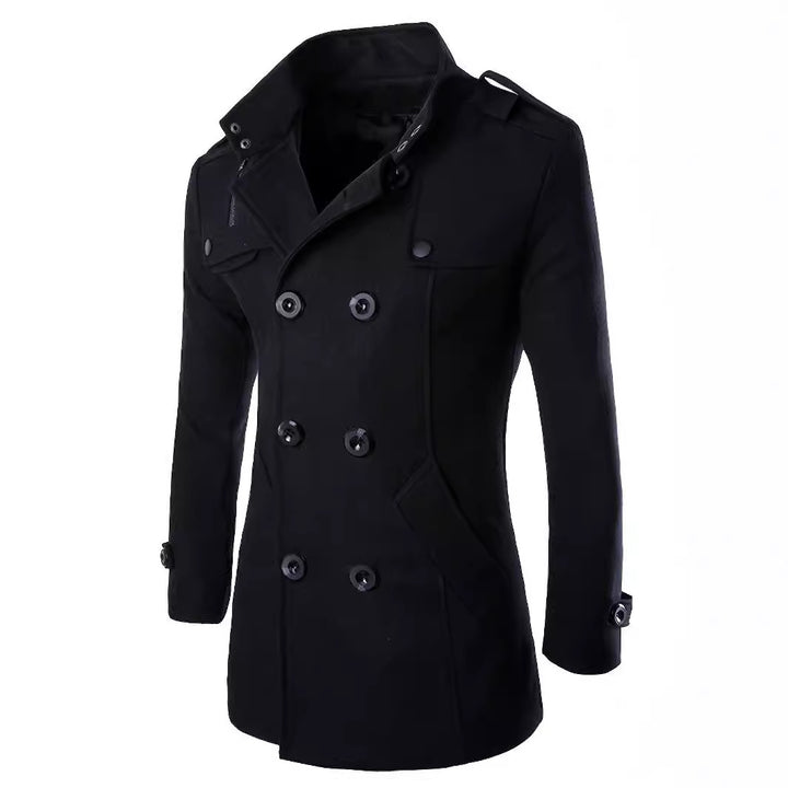 Men's Double-Breasted Peacoat with Stand Collar, Shoulder Straps, and Tailored Silhouette Mune Fashion