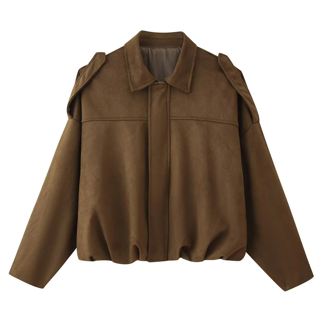 Ladies short cut oversized blouson jacket with shoulder epaulettes, concealed front placket and elastic cord hem Mune Fashion