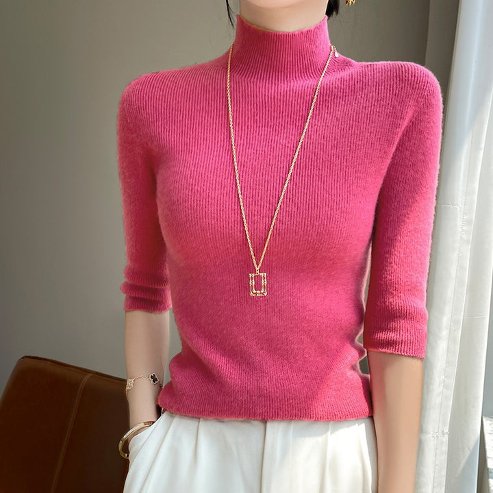 Women's Short Sleeve Mock Neck Sweater with Fluffy Angora Look Mune Fashion