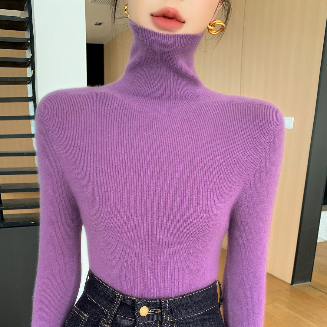 Women Slim Fine Knit Sweater with High Roll Neck and Fine Rib Structure Mune Fashion