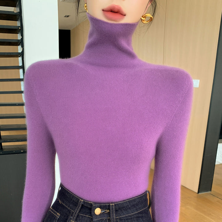 Women Slim Fine Knit Sweater with High Roll Neck and Fine Rib Structure Mune Fashion
