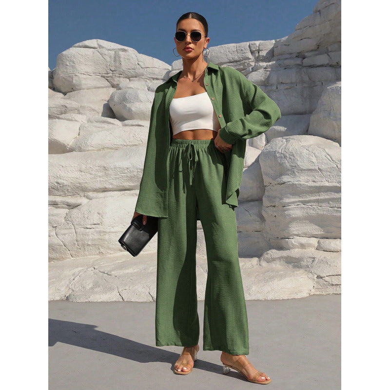 Women's Two-Piece Linen Look Loungewear Set with Oversized Shirt and Wide Comfort Palazzo Mune Fashion