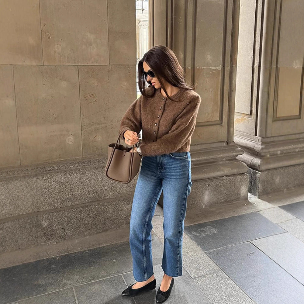 Women Fluffy Cropped Cardigan made of Mohair Mix with Pearl Button Placket Mune Fashion
