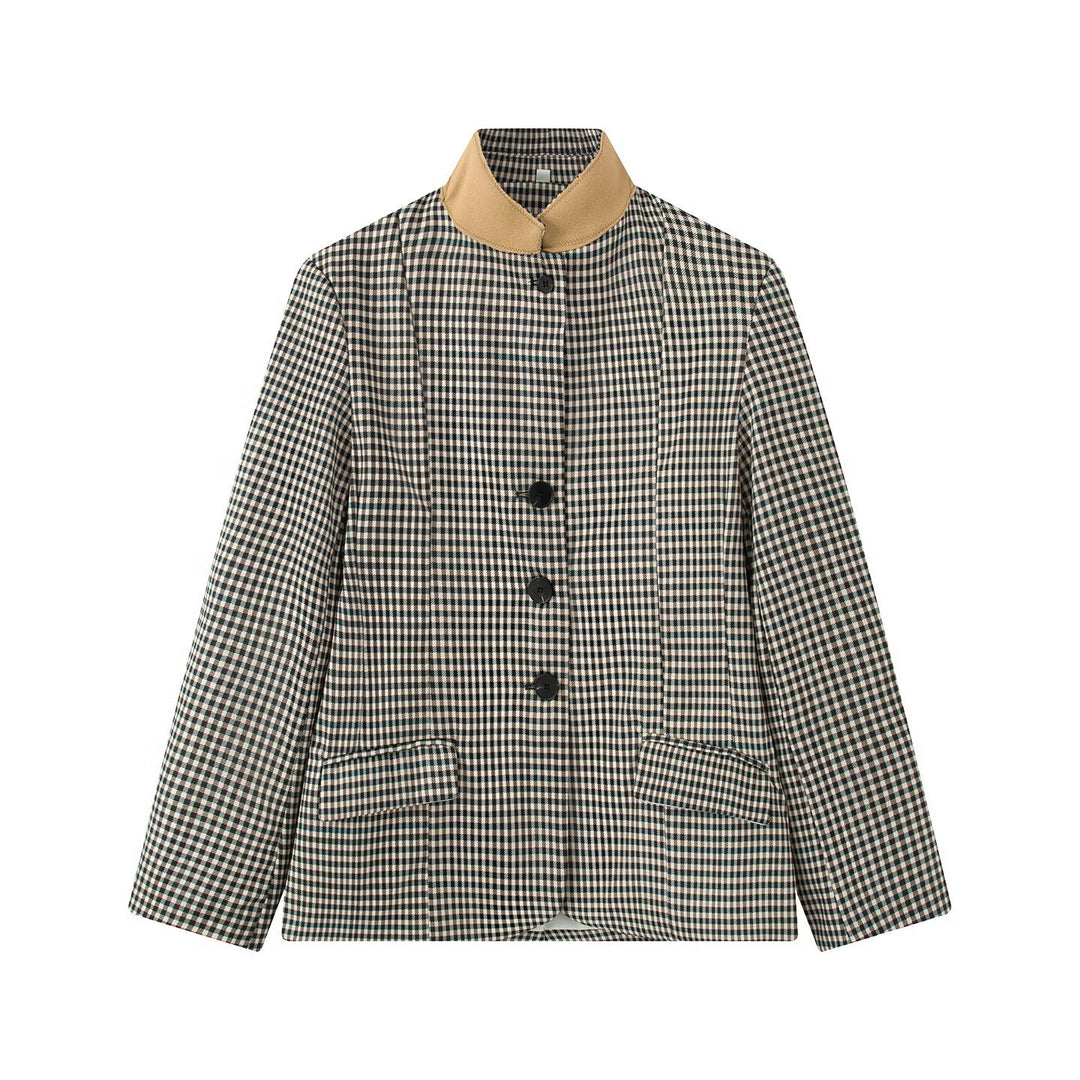 Women Checked Boxy Blazer Jacket with Contrast Stand Collar and Flap Pockets Mune Fashion