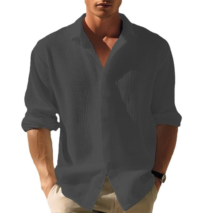 Men's Casual Textured Linen Shirt with Open Collar and Rolled Sleeves Mune Fashion