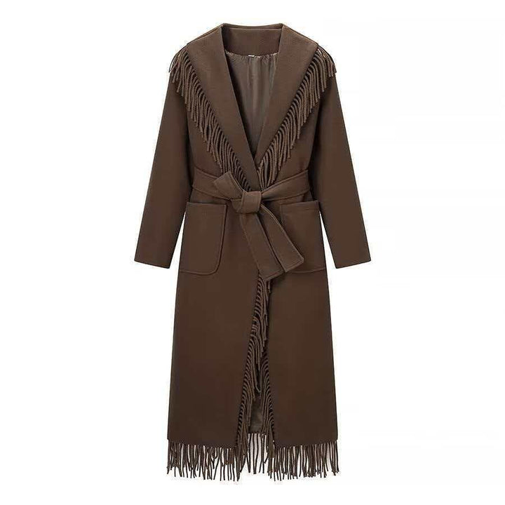 Ladies Long Fringe Wool Blend Coat with Hood, Tie Belt and Patch Pockets Mune Fashion