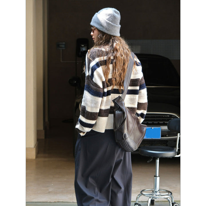 Women's Oversized Chunky Knit Sweater with Block Stripes and Ribbed Hem Mune Fashion