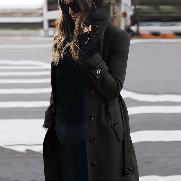Women's tailored long coat with stand-up collar, concealed button placket and shaping seams Mune Fashion