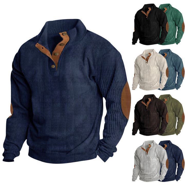 Men's Ribbed Henley Sweater with Stand Collar, Button Placket & Leather Elbow Patches Mune Fashion