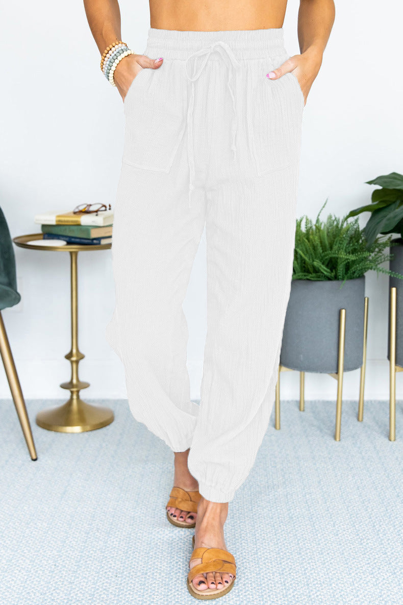 Women's Lightweight Linen Jogger Pants with Drawstring, Patch Pockets, and Elastic Cuffs Mune Fashion
