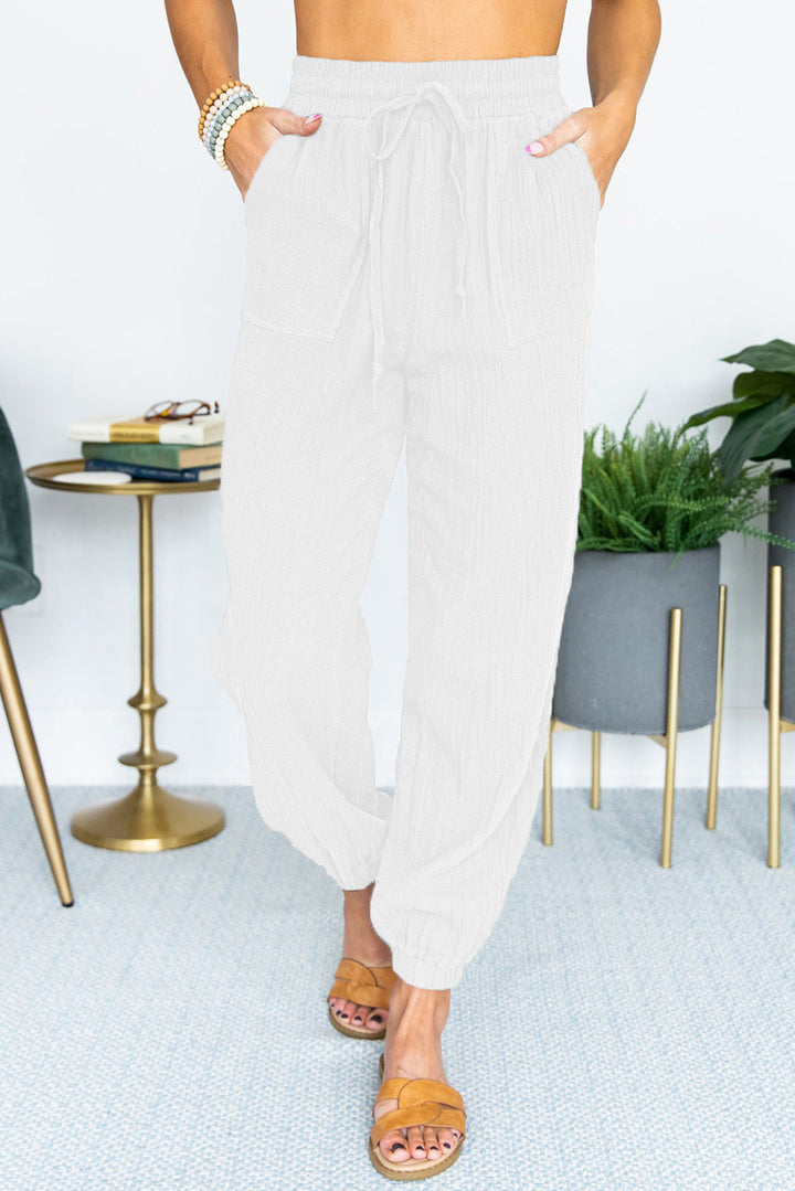 Women's Lightweight Linen Jogger Pants with Drawstring, Patch Pockets, and Elastic Cuffs Mune Fashion