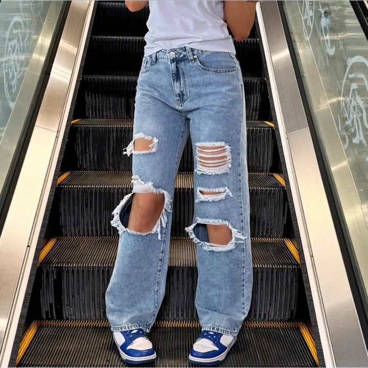 Women's High-Waist Baggy Jeans with large knee rips and straight leg Mune Fashion