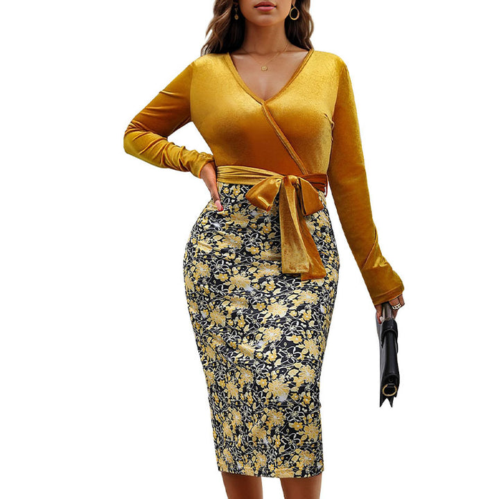 Women's wrap dress with velvet top and floral jacquard pencil skirt Mune Fashion