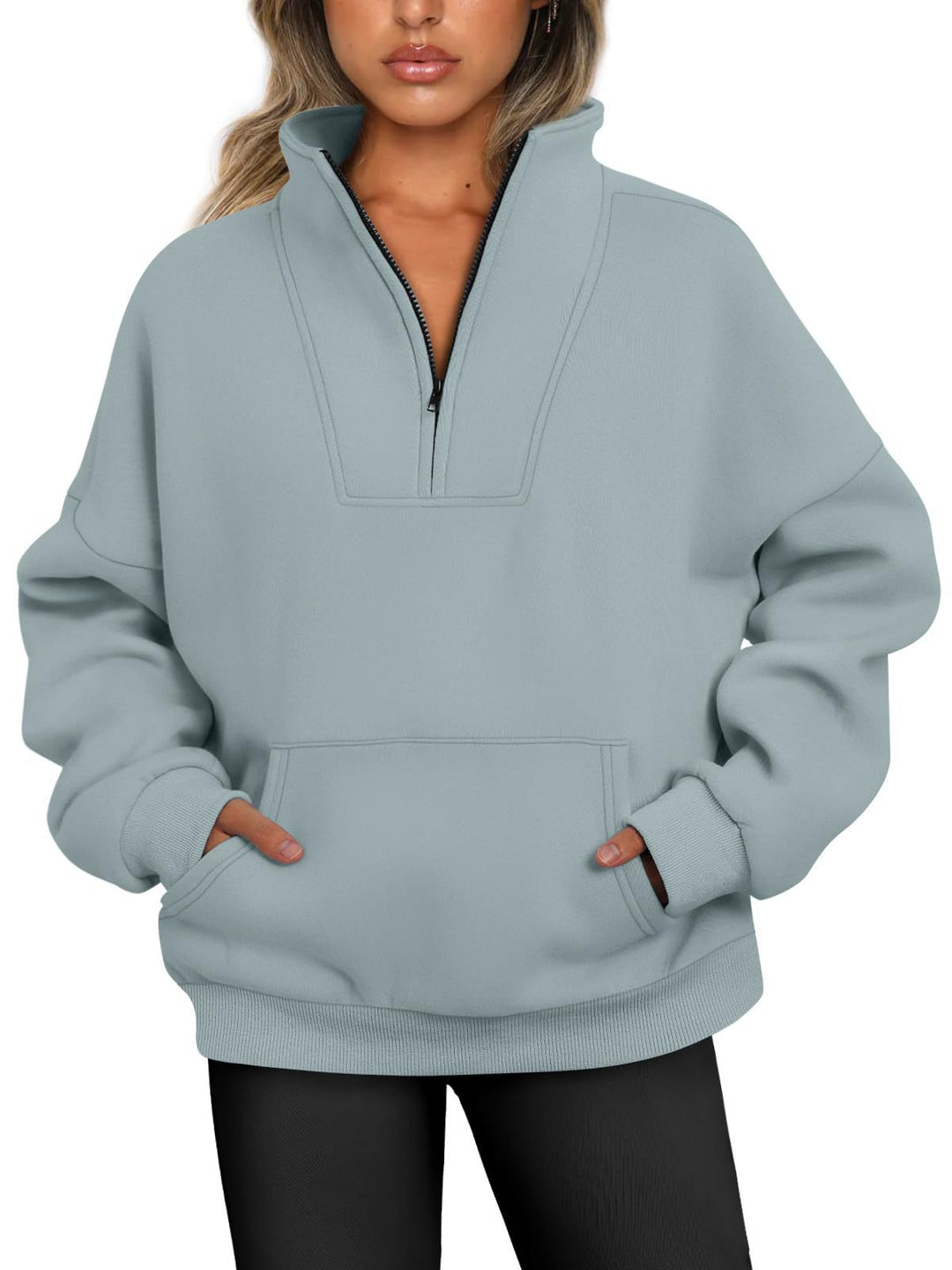 Women's oversized half-zip hoodie with high stand collar, kangaroo pocket, and ribbed cuffs Mune Fashion