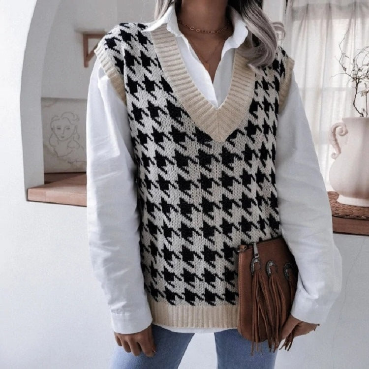 Women Oversized Knit Vest with Houndstooth Pattern and V-Neck Mune Fashion