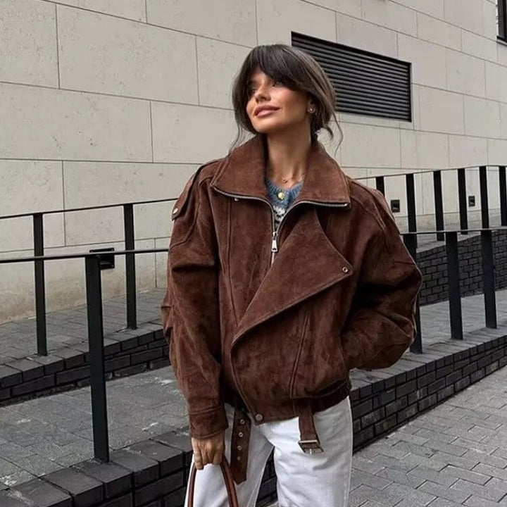 Women Oversize Bomber Jacket with Wide Lapel Collar, Waist Belt and Shoulder Epaulettes Mune Fashion