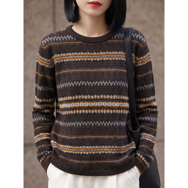 Women's Lightweight Round Neck Sweater in Norwegian Stripe Design with Structured Eyelet Optics Mune Fashion