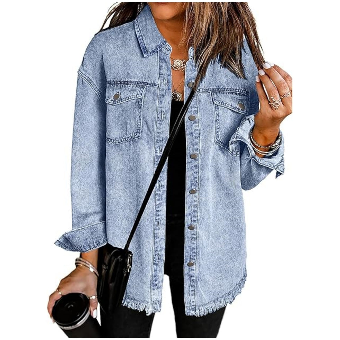 Women's Oversized Denim Shirt Jacket with Fringe Hem Mune Fashion