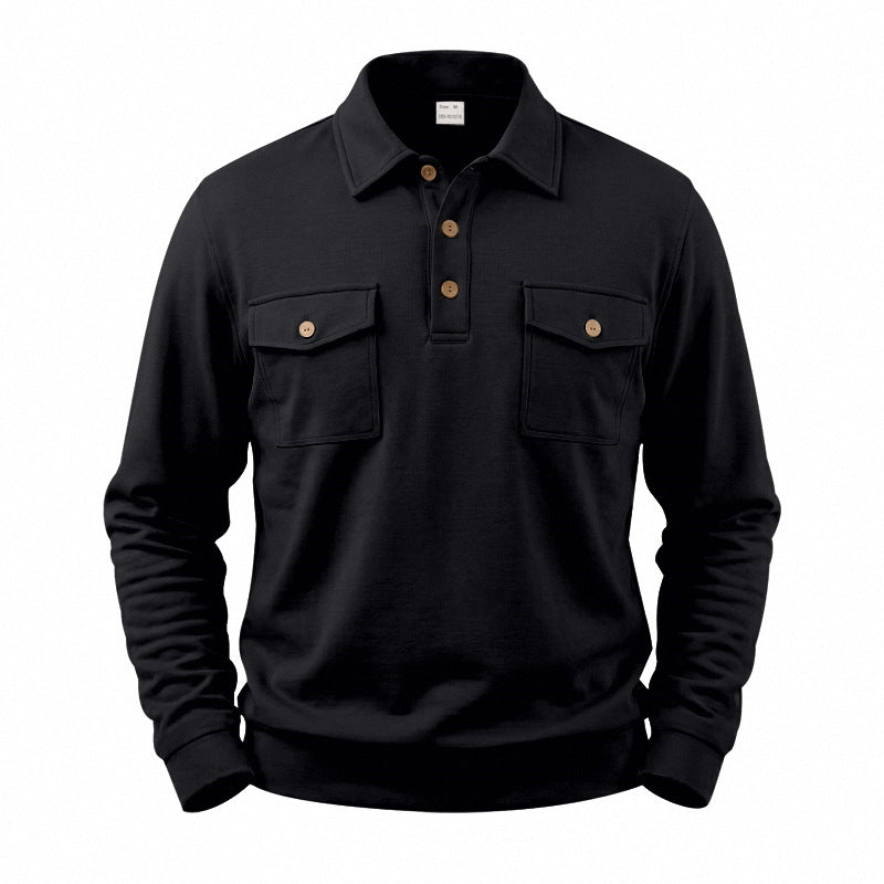 Men's Long Sleeve Polo Sweatshirt with Patch Chest Pockets Mune Fashion
