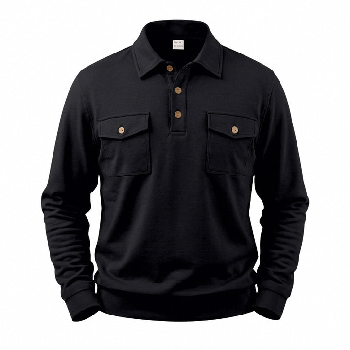 Men's Long Sleeve Polo Sweatshirt with Patch Chest Pockets Mune Fashion