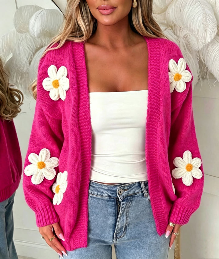 Women’s Oversize Knit Cardigan with 3D Flower Appliqués and Ribbed Hem Mune Fashion