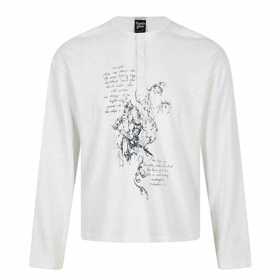 Unisex Long Sleeve Henley Shirt with Button-Up Chest Placket and Vintage Illustration Print Mune Fashion