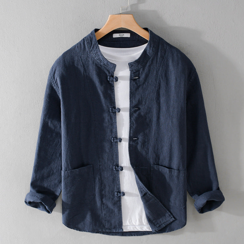 Men's Relaxed Linen Overshirt with Stand-Up Collar and Traditional Knot Closures Mune Fashion