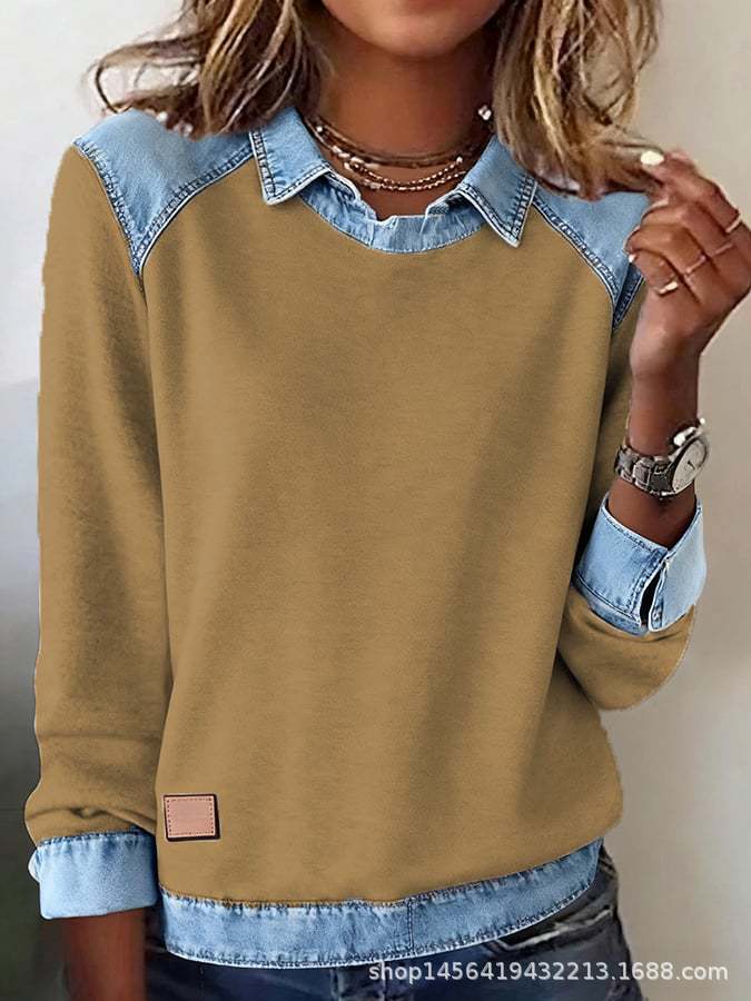 Women's knit sweater with denim collar and button placket Mune Fashion