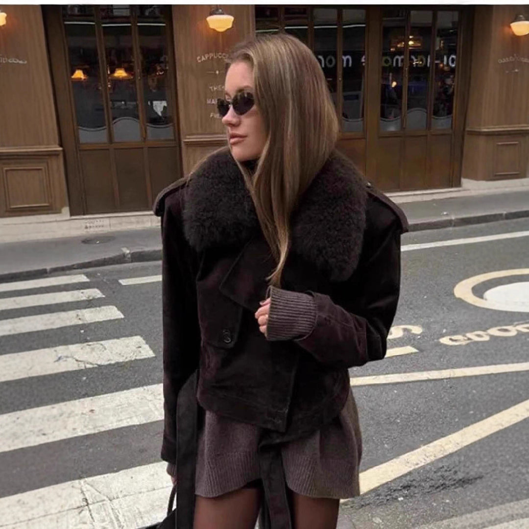 Women's Cropped Motorcycle Jacket in Suede Look with Voluminous Teddy Collar Mune Fashion