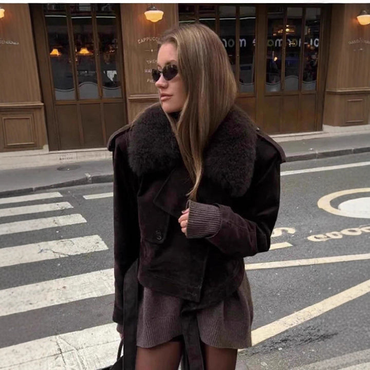 Women's Cropped Motorcycle Jacket in Suede Look with Voluminous Teddy Collar Mune Fashion
