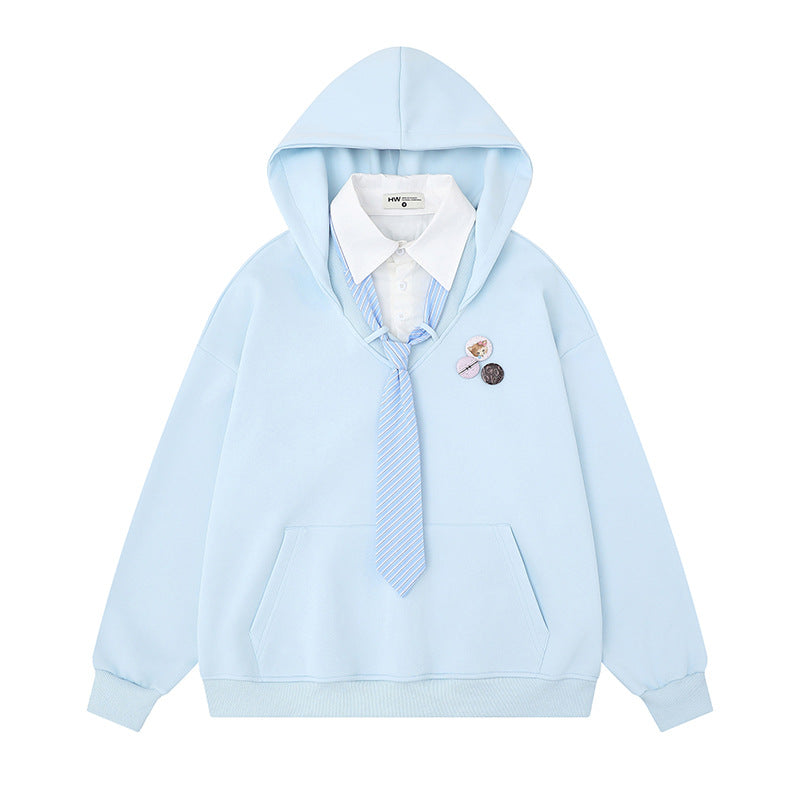 Women's hooded sweatshirt with inset shirt collar and pre-tied tie application Mune Fashion