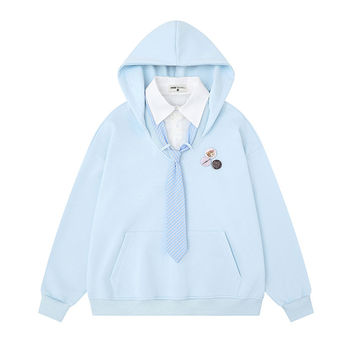Women's hooded sweatshirt with inset shirt collar and pre-tied tie application Mune Fashion