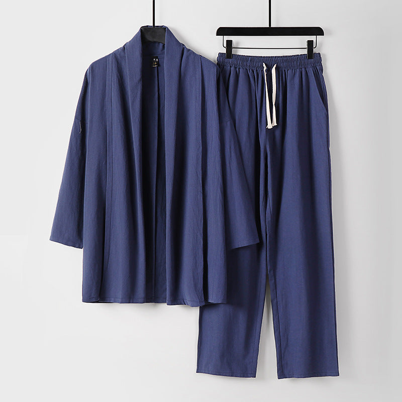 Unisex Casual Kimono Two-Piece Set made of breathable linen-viscose with open shawl collar and drawstring pants Mune Fashion