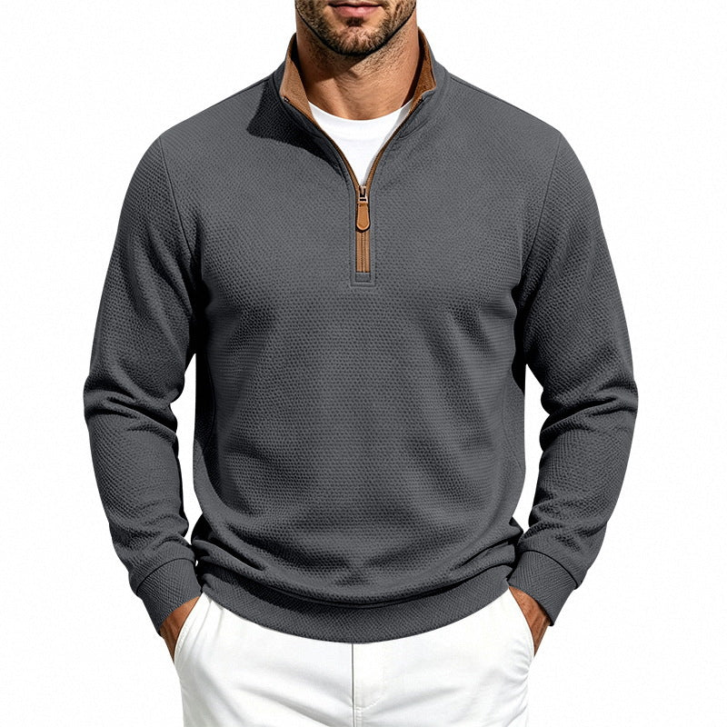 Men's Half-Zip Pullover with Waffle Texture and Contrast Collar Mune Fashion