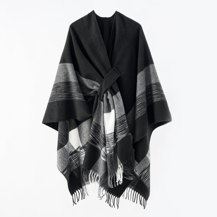 Women’s cape wrap made of wool blend with tie belt and check pattern Mune Fashion