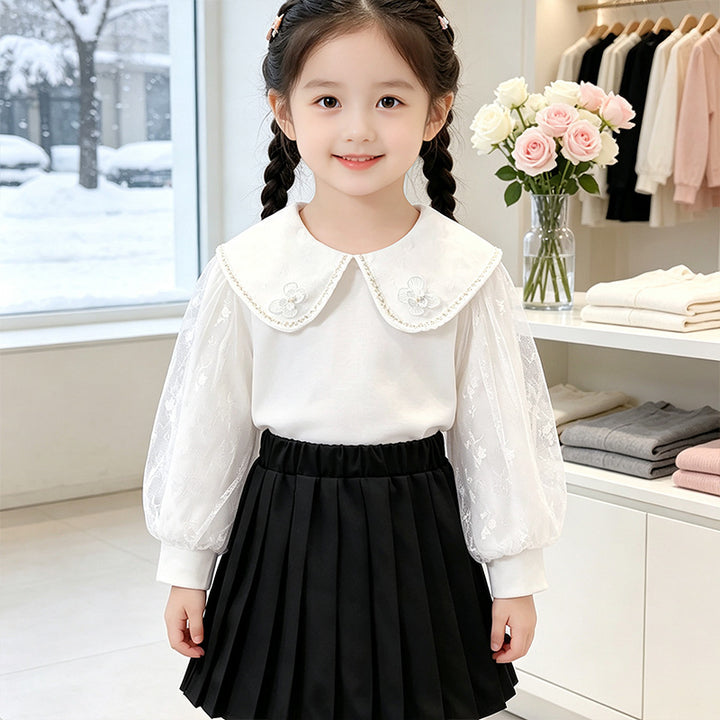 Girl's blouse with elegant tulle collar and floral appliqués Mune Fashion
