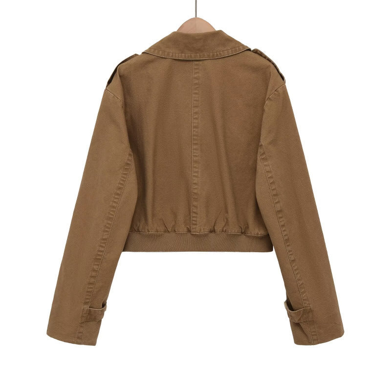 Women's Cropped Trench Blouson Jacket with double-breasted button placket, shoulder patches, and elastic hem Mune Fashion