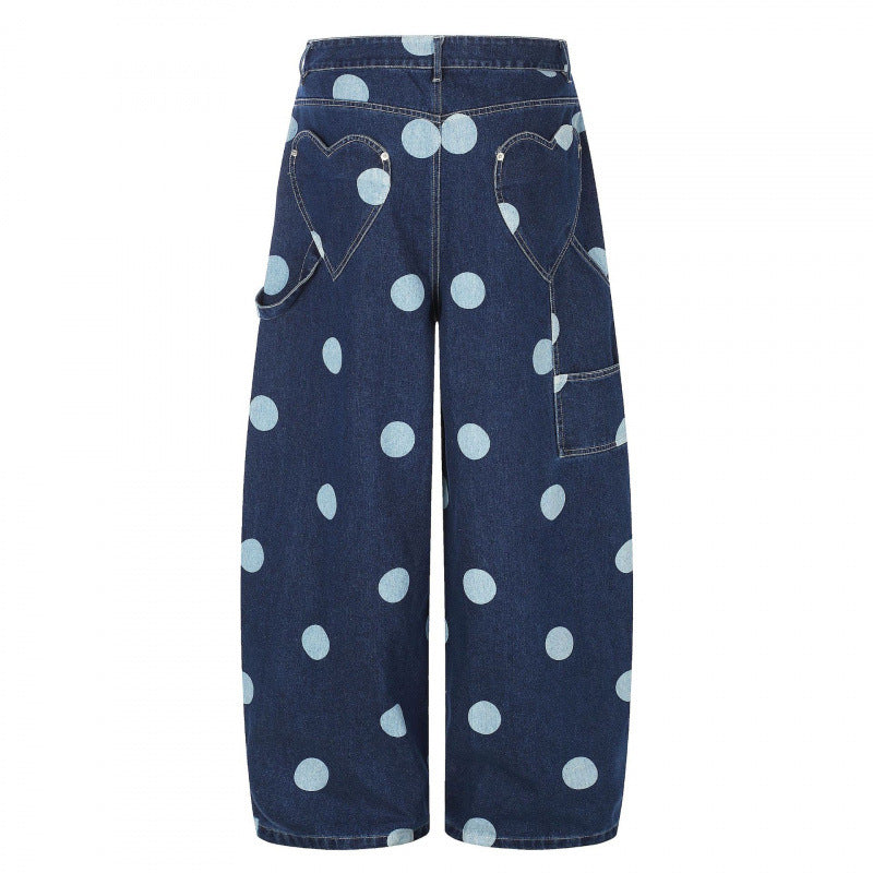 Women's Wide Cropped Jeans with High Waist, Polka Dot Print and Carpenter Details Mune Fashion