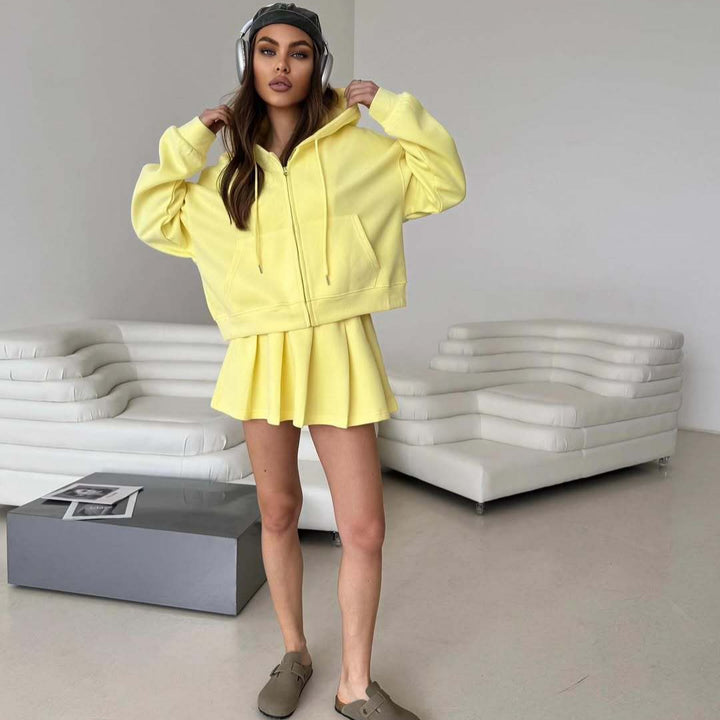 Women's Short Zip Hoodie with Pleated Mini Skirt Lounge Set Mune Fashion