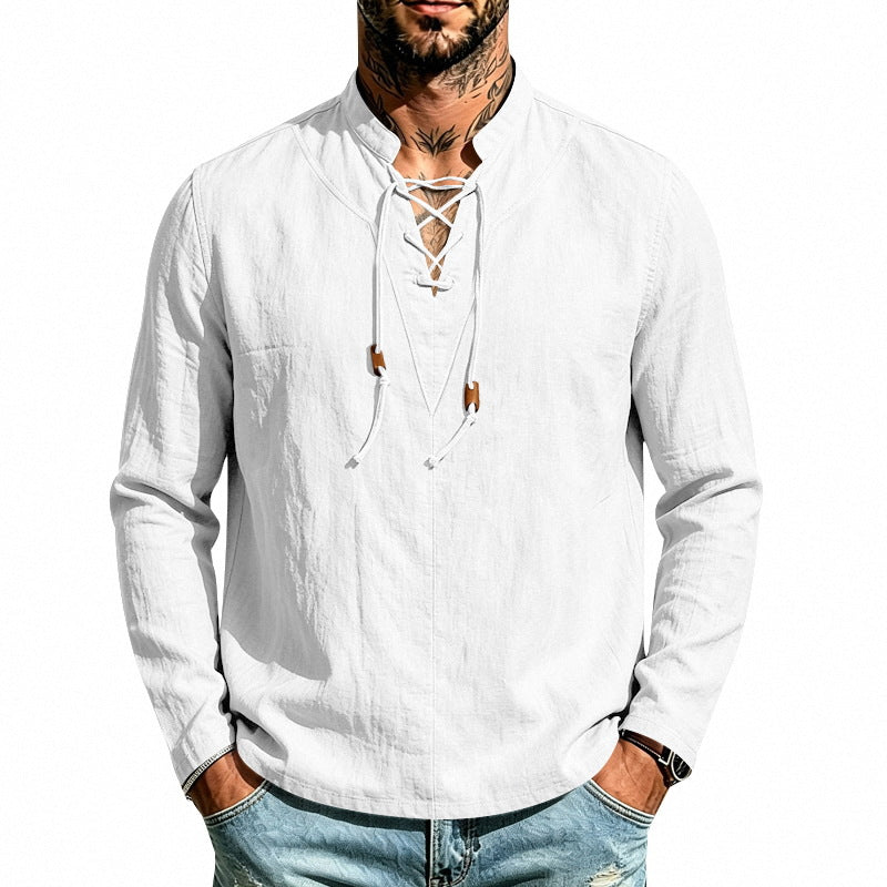 Men's linen shirt with stand-up collar and lacing Mune Fashion