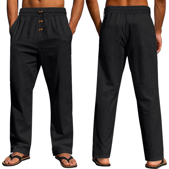Men's casual linen relax pants with elastic tunnel drawstring waistband, cord drawstring and decorative button placket Mune Fashion