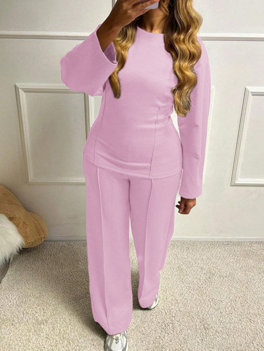 Women's soft lounge set with fitted sweatshirt, sculpting seam details, and wide palazzo pants leg Mune Fashion