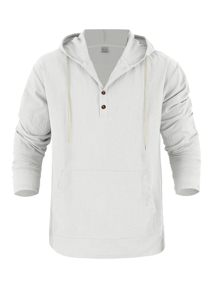 Men's Lightweight Hooded Henley Made of Cotton-Linen with Kangaroo Pocket Mune Fashion