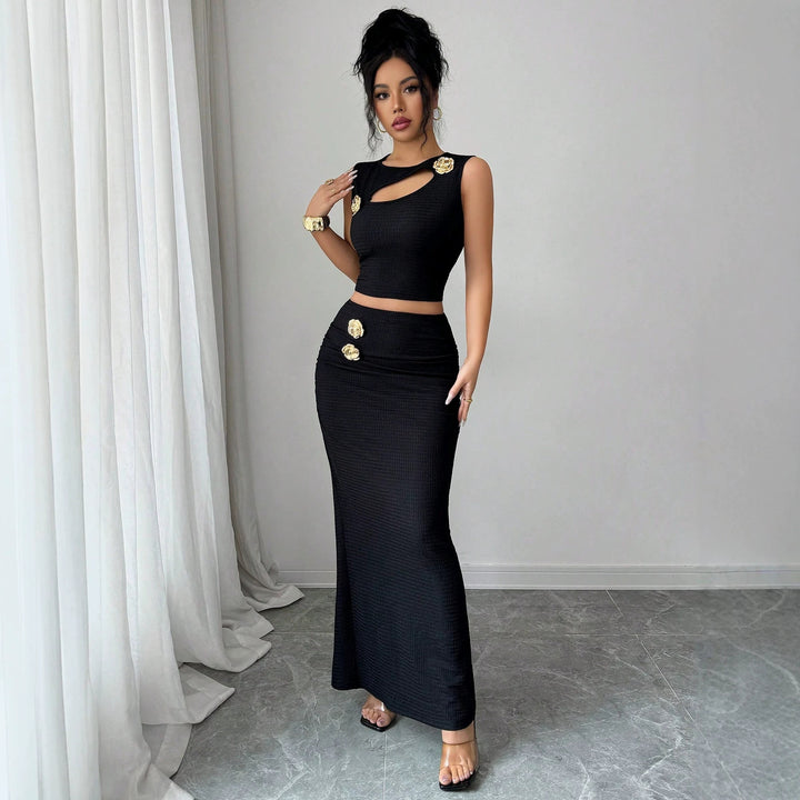 Women's two-piece tailored set with asymmetrical cut-out crop top and figure-hugging maxi pencil skirt Mune Fashion