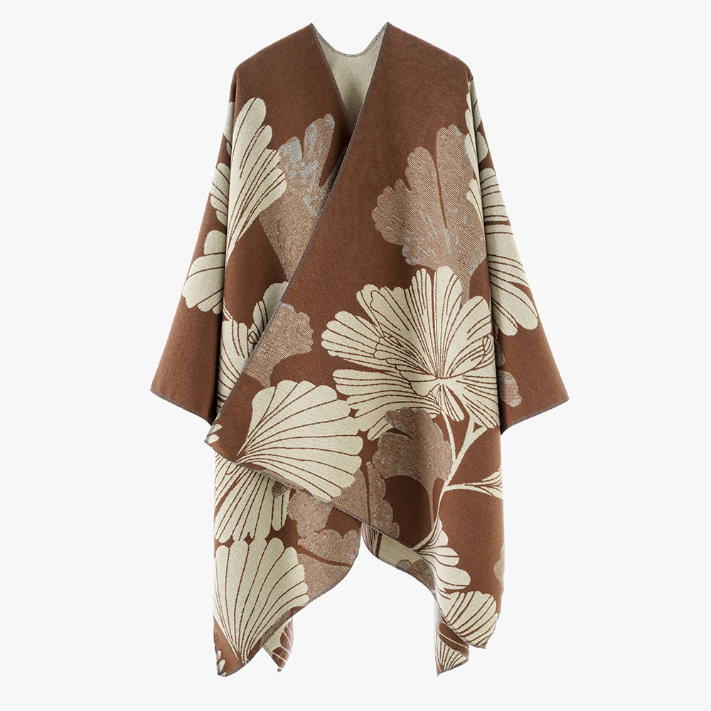 Women's Reversible Jacquard Cover-up with Large Leaf Patterns and Asymmetrical Pointed Hem