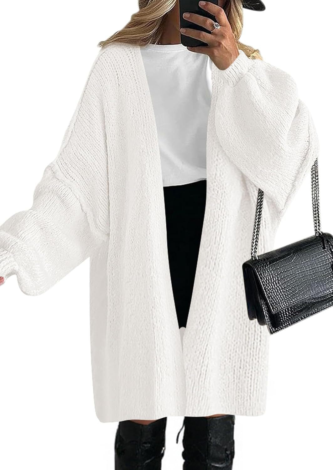 Women's Oversized Knit Cardigan with Wide Balloon Sleeves and Open Front Mune Fashion