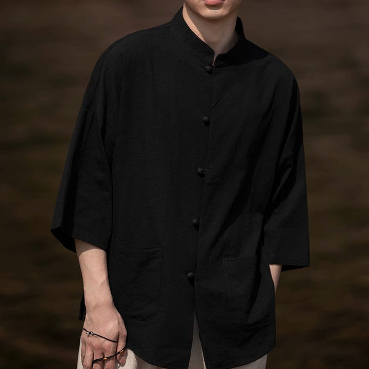 Men's Oversized Shirt in Kimono Style made of Linen-Cotton Mix with Stand-Up Collar Mune Fashion