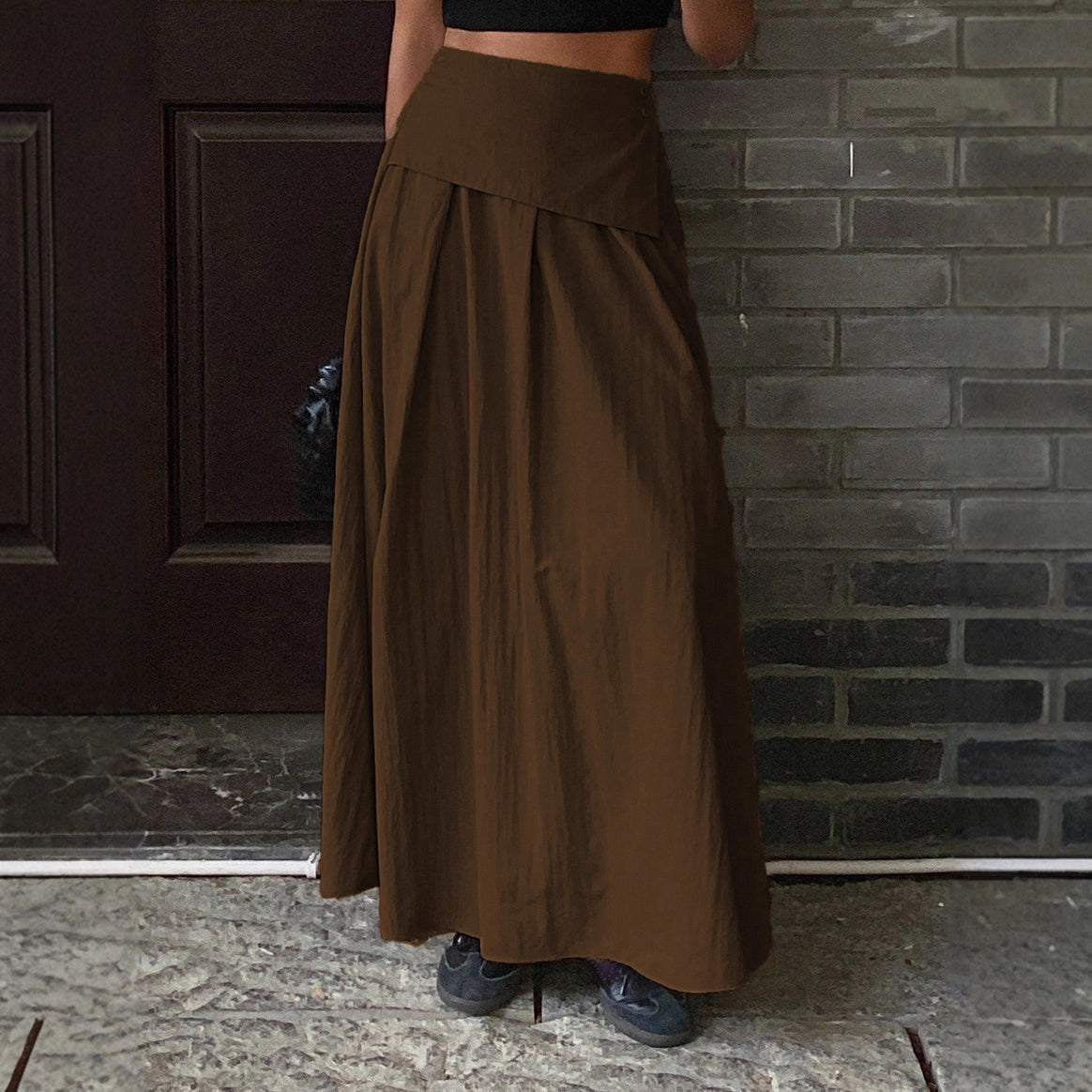 Women Long A-Line Maxi Skirt with Asymmetric Wrap Panel and Pleats Mune Fashion