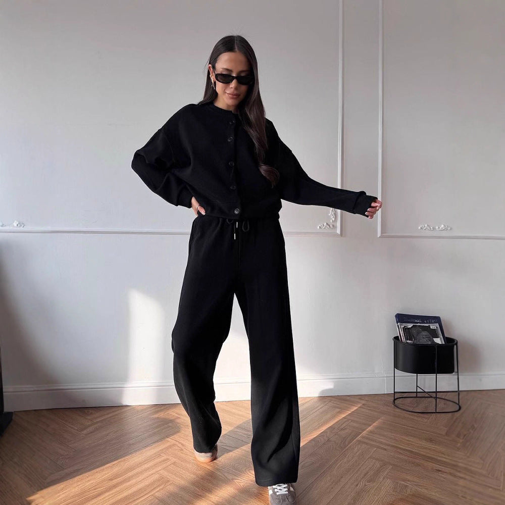 Women's Buttoned Cropped Lounge Set with Oversized Cardigan and High-Waisted Wide-Leg Jogging Pants Mune Fashion
